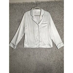 Le Rose Satin Pajama Top White Black Trim Button Front Size S